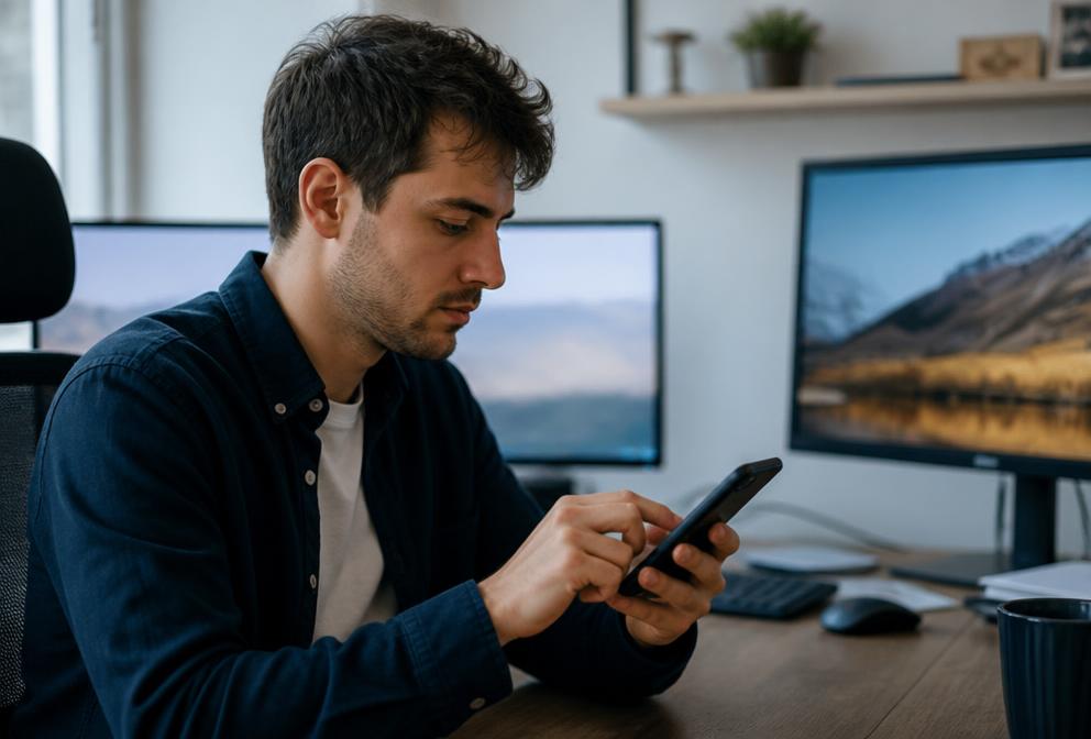 Mann wechselt am Smartphone zwischen Sprechen und Tippen